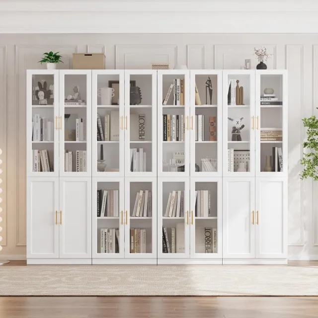 VOWNER Boekenkast met glazen deuren, 5-laags boekenkast met verstelbare planken, moderne grote opbergkastset voor thuiskantoor, woonkamer, wit (ACCA)