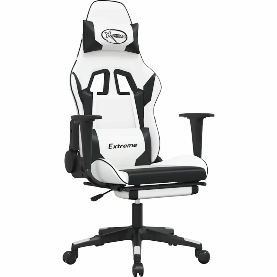 vidaXL Massage gamestoel met voetensteun kunstleer wit en zwart, foto 4