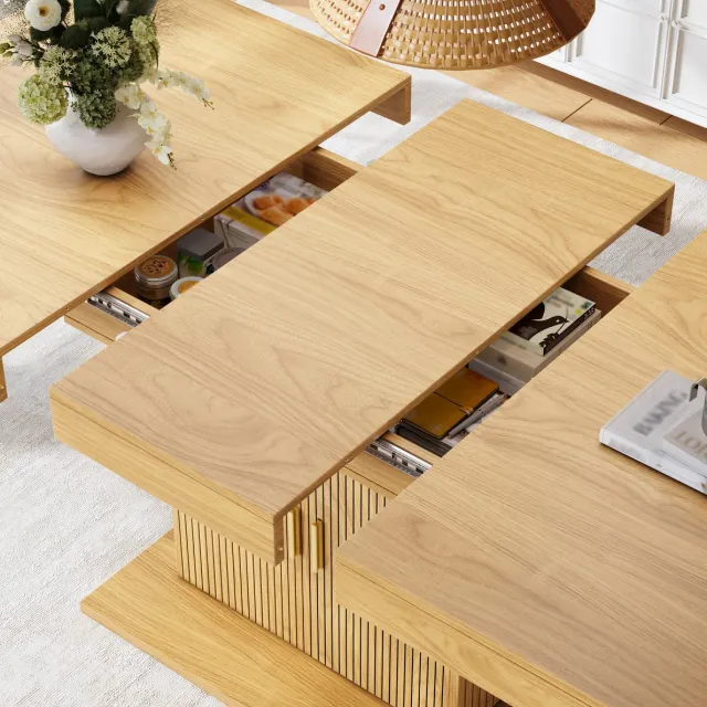 MIVRAY Eettafel - Uitschuifbaar Met Opbergruimte En Ribbeldetails - Voor Woonkamer En Eetkamer - MDF En Metaal - 140 Tot 180 Cm - Lichte Eikenlook En Notenlook Hout