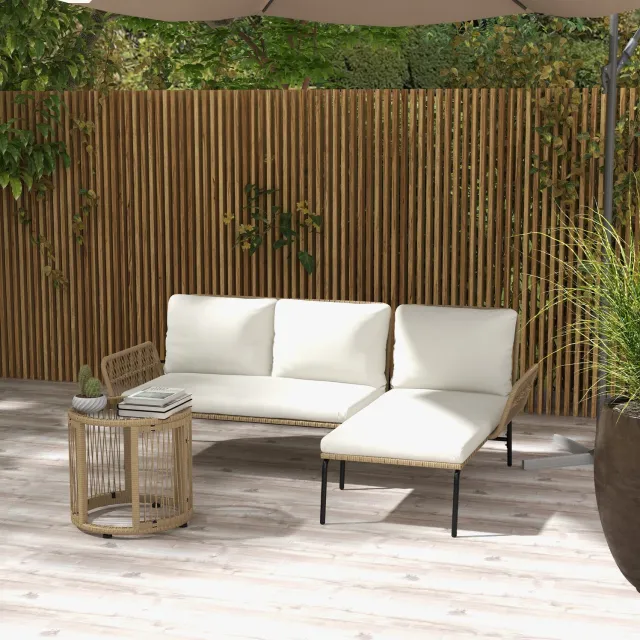 CHICFURN Loungeset - 3-delig - Chaise longue en 2-zitsbank - Crèmewit