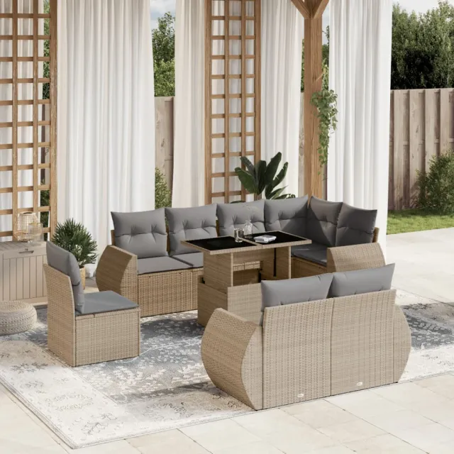 vidaXL 9-delige Loungeset met kussens poly rattan beige, foto 2