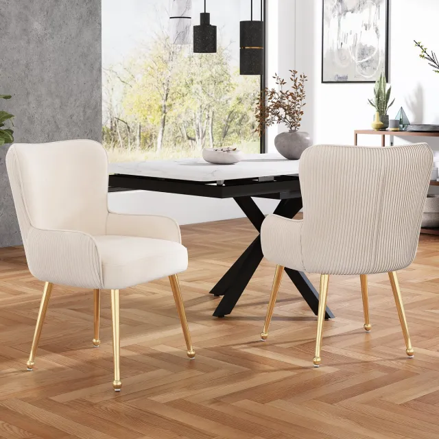 Welltin Eetkamerstoel, set van 2, luxe, woonkamer, slaapkamer, loungestoel met vier gouden metalen steunpoten, met armleuningen en verstelbare voeten, lendensteun, Beige