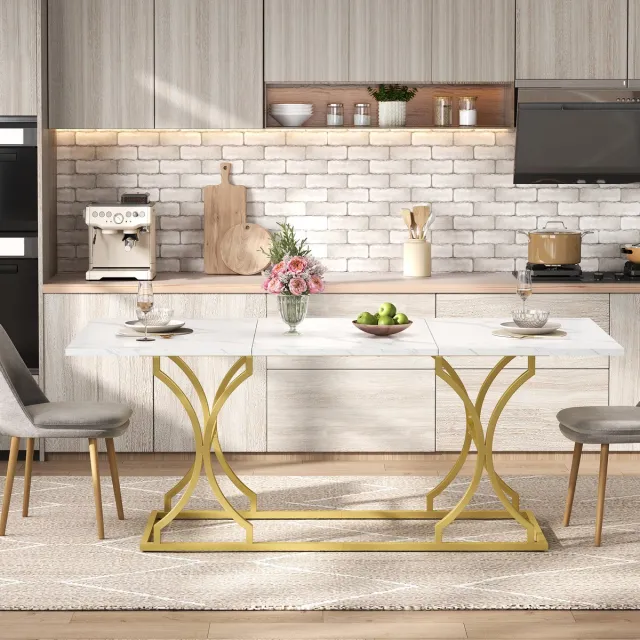 MODFU Eettafel 200×80×76 cm Marmerlook – 2,5 cm MDF blad, wit-goud metalen poten, 8–10 personen Wit+Goud