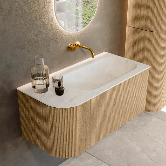 Mondiaz KURVE-DLUX 95 cm Onderkast Greeploos 1 Lade Met Deuren Oak, Wastafel Solid Surface Rechts Opalo 0 Kraangaten Zonder Spiegel (KRVBGS95L1L1D0KR-Oak/Opa)