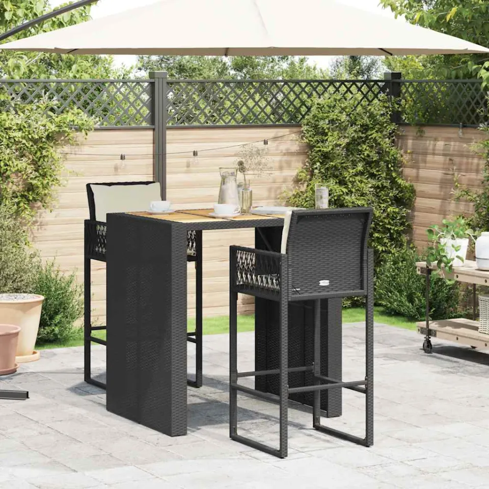 vidaXL 3-delige Tuinbarset met kussens poly rattan acacia zwart, foto 2