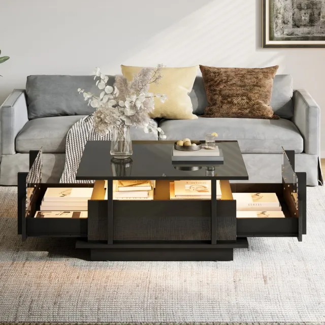 REDOM Salontafel - 2 Laden - Ledverlichting - Modern - Voor Woonkamer - Spaanplaat - Zwart - 70 X 70 X 35 Cm