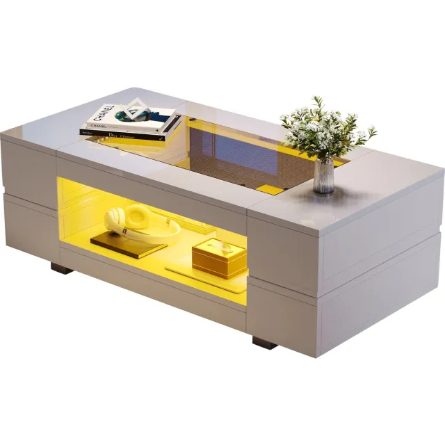 MUVANO Witte led salontafel - Moderne koffietafel - Salontafel met glazen blad-Met app bediening - 100x50x35 cm- Sfeerverlichting- Woonkamer Wit