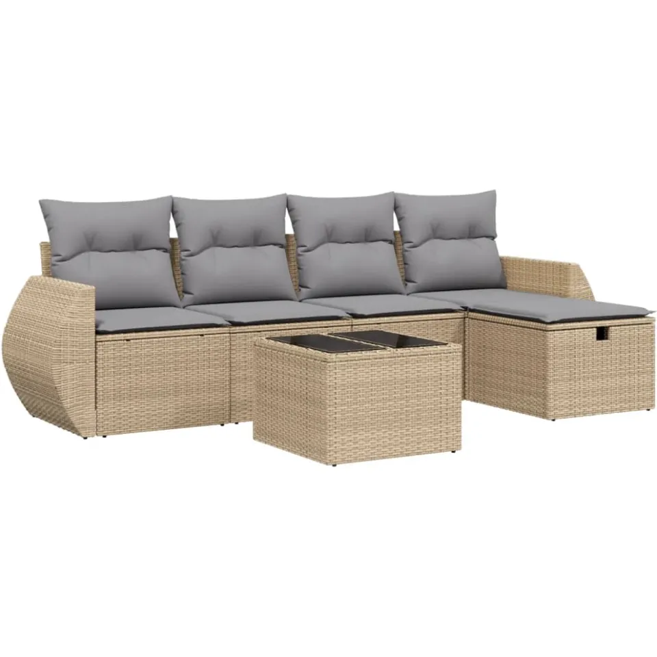 vidaXL 6-delige Loungeset met kussens poly rattan gemengd beige