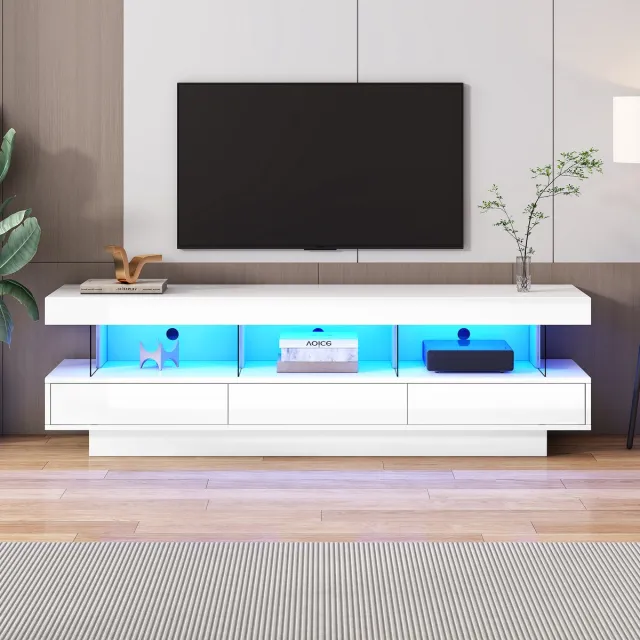 Merax 160x38x50.5cm - hoogglans TV-meubel - met 3 glazen planken - LED-verlichting - app-besturing - Bluetooth-verbinding - wit