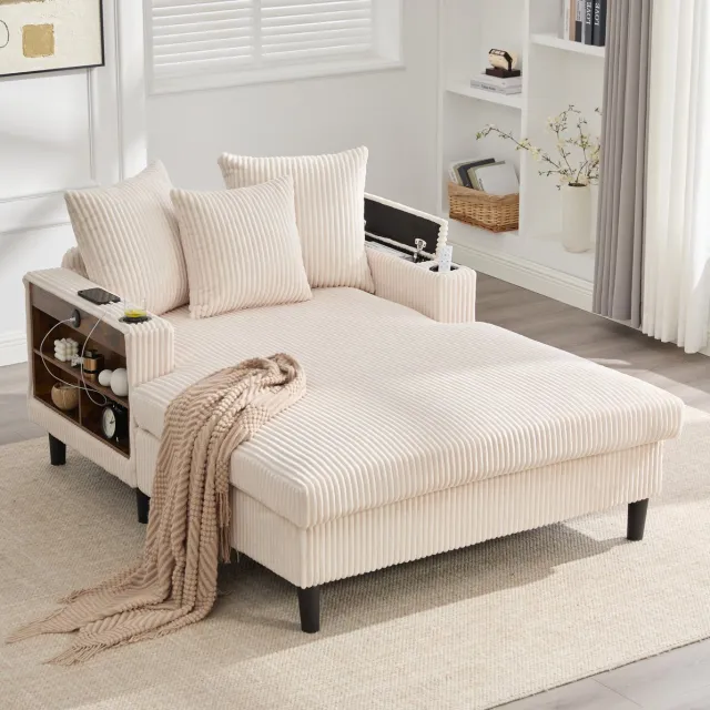 STILVORA Chaise Longue 129 x 170 cm - Met LED, USB, Opbergruimte En Bekerhouders - Voor Woonkamer En Lounge - Ribfluweel Beige