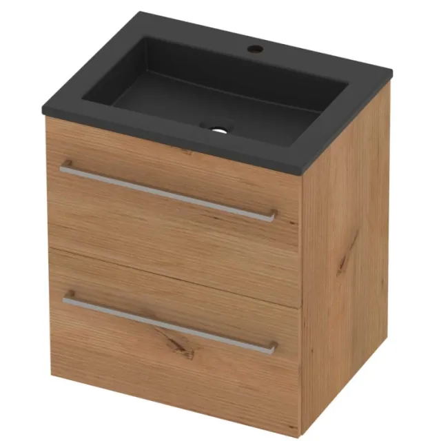 Basic-Line Aura 46 Badmeubelset Acryl 1 Kraangat Voor Grepen 60x46x62 cm Whisky Oak Mat Zwart