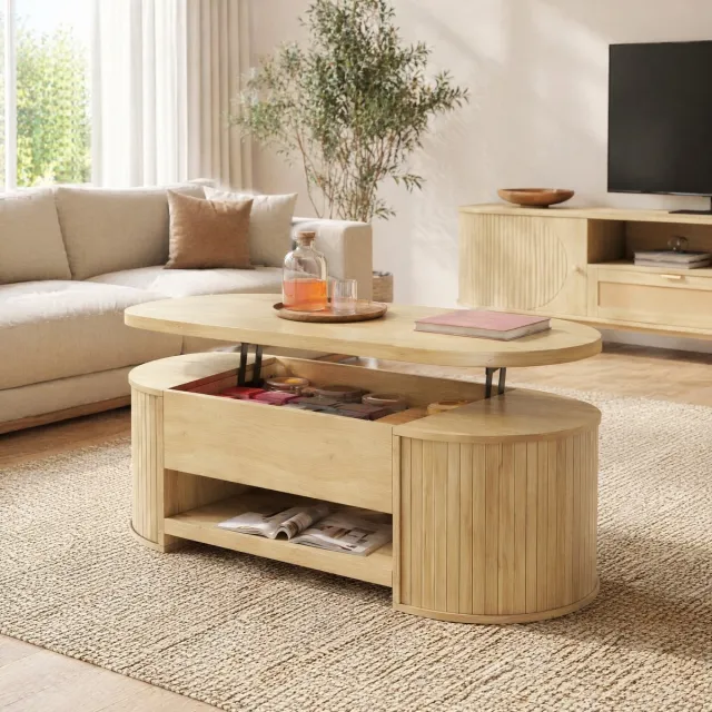 COVREO Salontafel 110 x 55,5 x 40 cm – hoogteverstelbaar, MDF, houtkleur, opbergruimte Naturel