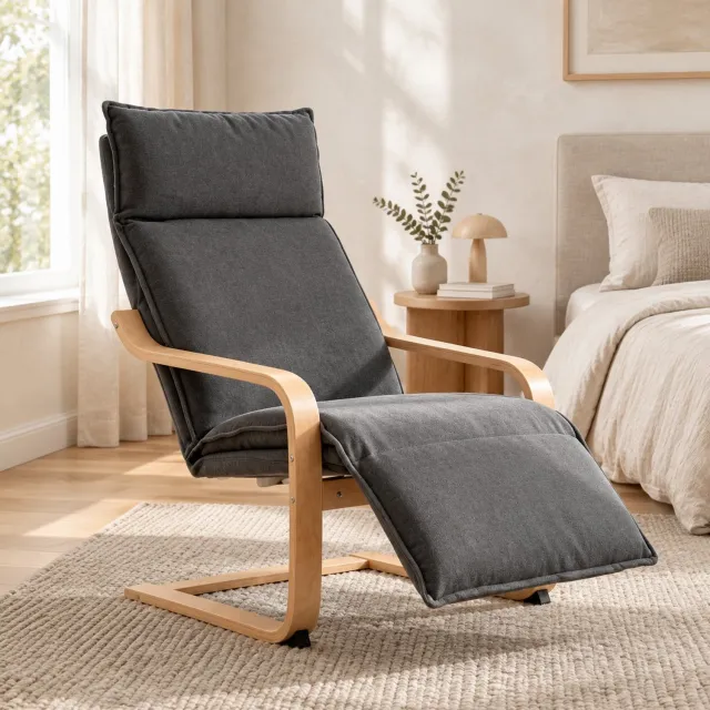 MODFU Schommelstoel Met Voetsteun - Scandinavisch - Donkergrijs - Stof - 90 x 67 x 105 cm