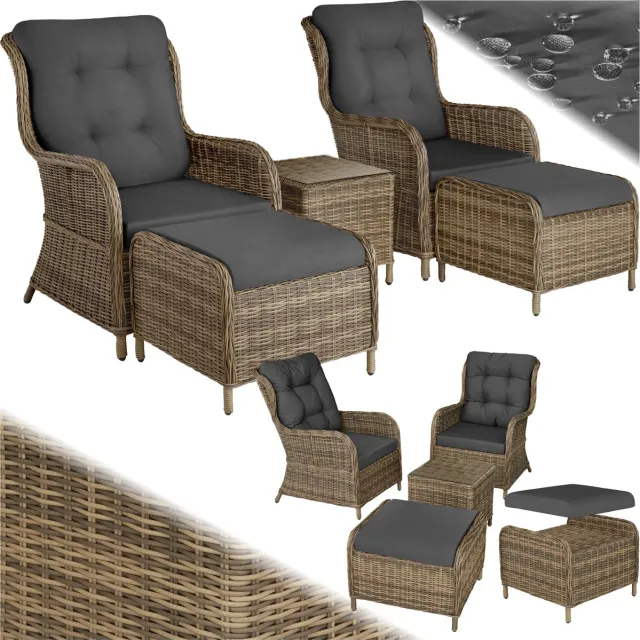 Tectake 2x Premium Wicker Tuinstoelen - Fauteuils met Kruk en Tafel - Relaxstoel voor tuin, terras en balkon - Ligstoel - Leesstoel - Lounge Tuinmeubel Set - Weerbestendig - Variabel - Natuurkleur