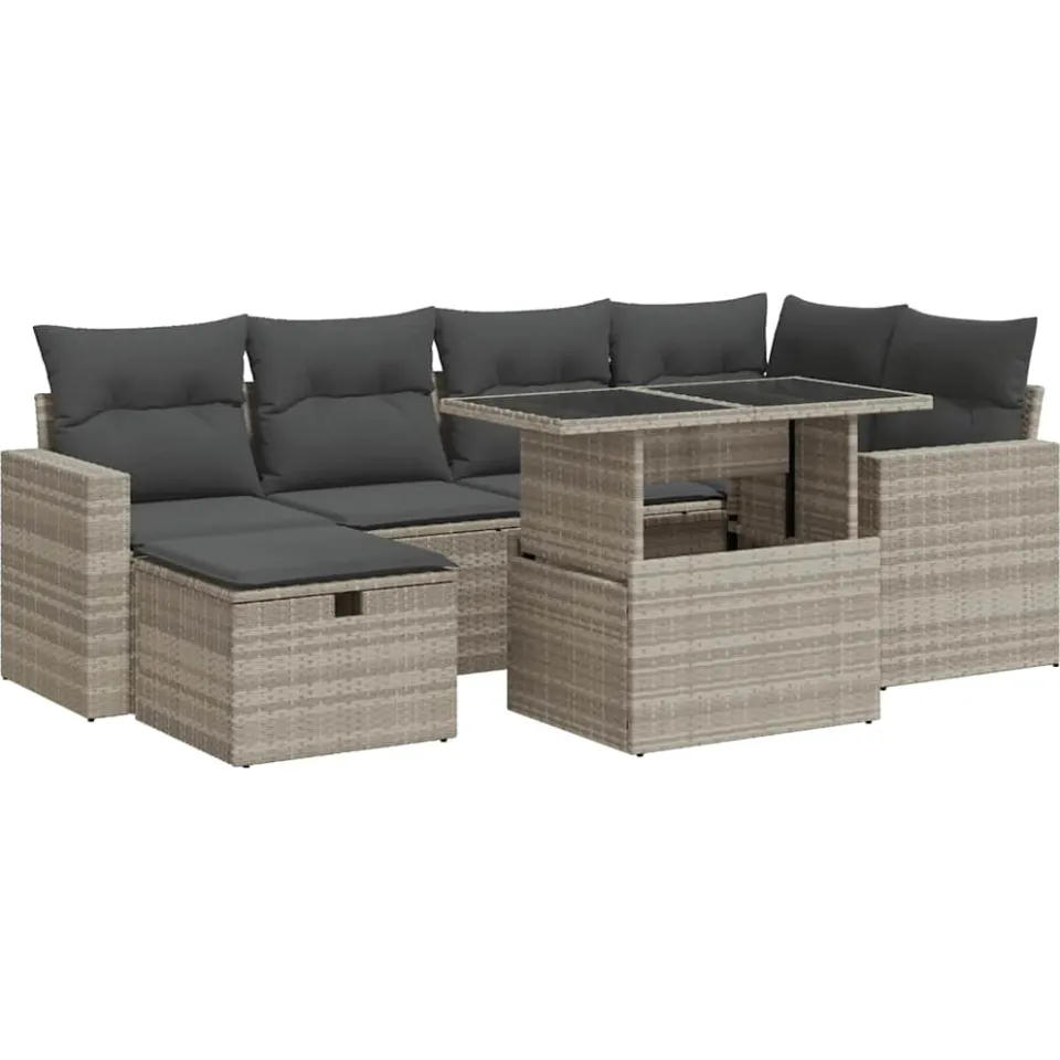 vidaXL 7-delige Loungeset met kussens poly rattan lichtgrijs grijs, foto 3