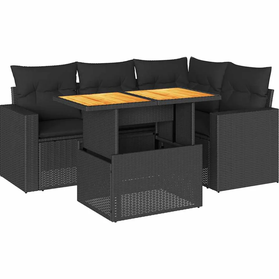 vidaXL 5-delige Loungeset met kussens poly rattan zwart, foto 3