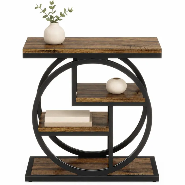 DMG Supply Bijzettafel met 4 Lagen - Smalle Zijtafel - Industrieel - Bruin/Zwart - 65 x 30 x 65 cm