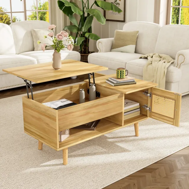 Sweiko Salontafel - Opklapbaar tafelblad - Rotan deur - Originele houtkleur Natuurlijk