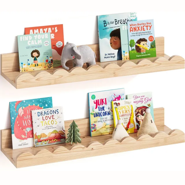 Oemmn Set van 2 houten zwevende planken - 42 cm - Boekenplanken voor de kinderkamer - Planken met geschulpte rand - Kleine boekenkast voor kinderkamers - Wandplank voor woonkamer, slaapkamer Bruin