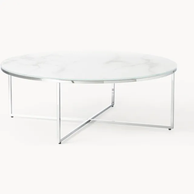 Westwing Collection Ronde XL-salontafel Antigua met glazen tafelblad in marmerlook Wit, Zilverkleurig