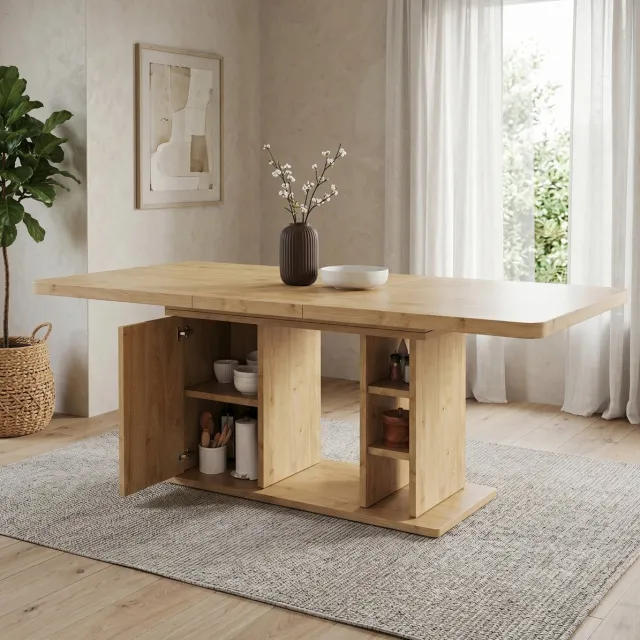 HAUSS SPOLE Eettafel - Uitschuifbaar Met Opbergruimte Voor 6 Tot 8 Personen - Scandinavisch Voor Eetkamer - MDF - 140/180x80x75 Cm - Eikenkleur Oak