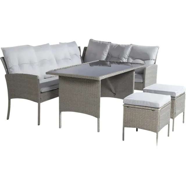Happiq Tuinmeubelset - Loungeset - Tuinlounge - Lounge Set voor 7 Personen - Inclusief Sofa, Tafel, Kruk en Wasbare Kussens Grijs