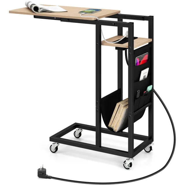 Costway Bijzettafel, C-vormig met laadstation, banktafel met uittrekbaar tafelblad en zijvak, salontafel met wieltjes, koffietafel, industrieel voor woonkamer, slaapkamer (grijs)
