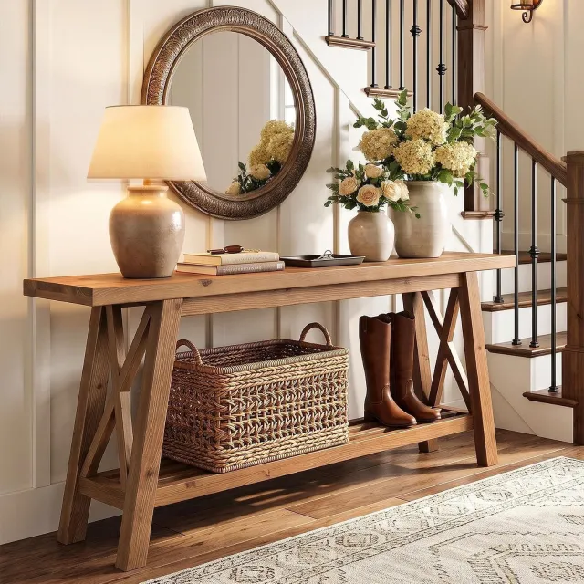 Tribesigns massief hout Consoletafel - 160x30x80 cm - sidetable met 2-laags - Console Tafel met een X-vormig frame - voor Hal, Woonkamer, Entree - Bruin