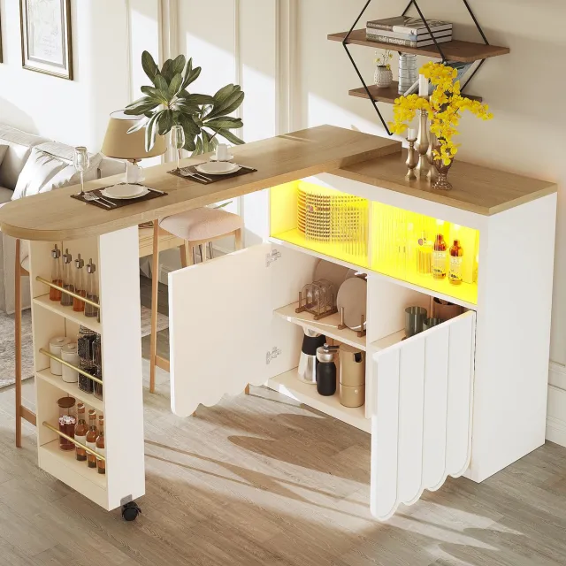 STILVORA Bartafel - Uitschuifbaar Met Opbergruimte En Ledverlichting - Verrijdbaar Voor Woonkamer En Keuken - MDF Glas - Wit - 135-205x39x100 Cm