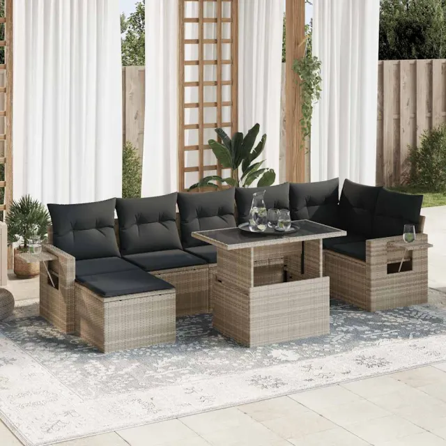 vidaXL 8-delige Loungeset met kussens poly rattan lichtgrijs grijs