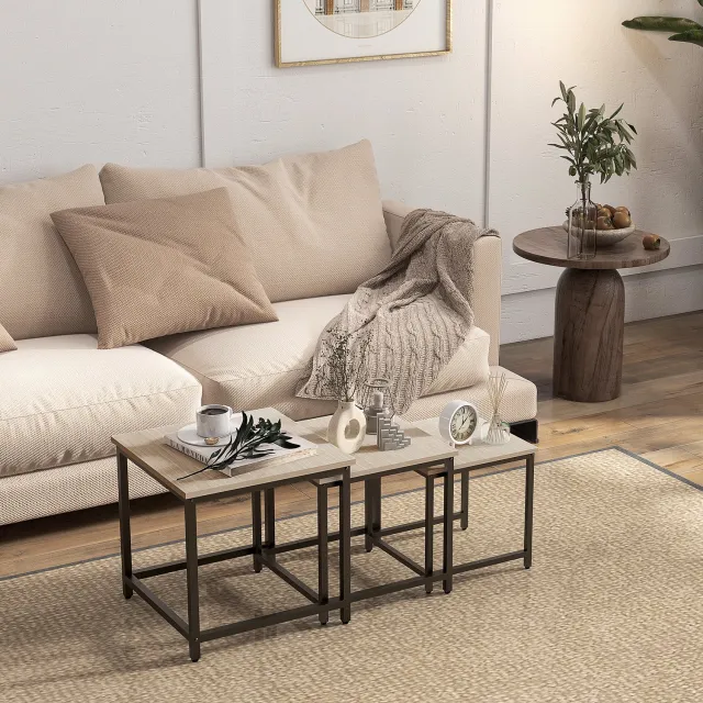 HAUSS SPOLE Bijzettafelset - 3-Delige Nesttafels Met Stalen Frame - Voor Woonkamer En Zithoek - Houtlook - 45x45x44 Cm - Natuurlijke Houtkleur Natuurlijk hout