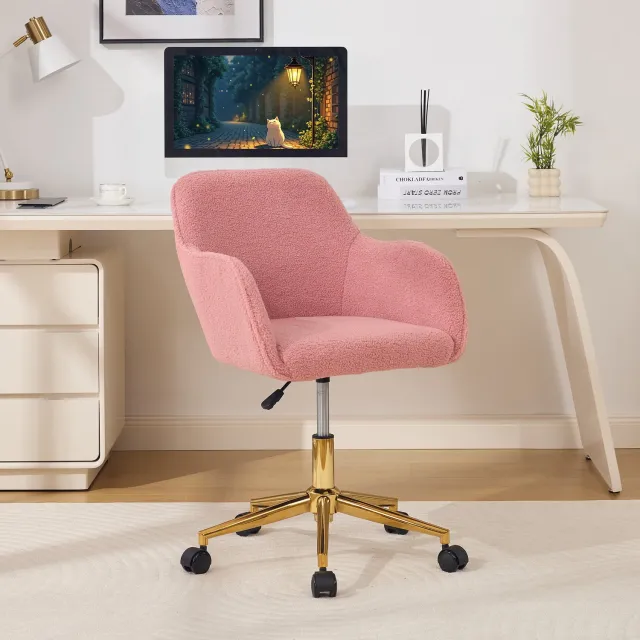 Wishdor Bureaustoel - Zachte teddy-stof en vaste armleuningen - 9 cm in hoogte verstelbaar en 360° draaibaar - Gouden vijfsteronderstel met wielen - Kantoor thuiswerkplek - Roze - 58 x 58 x 86 cm