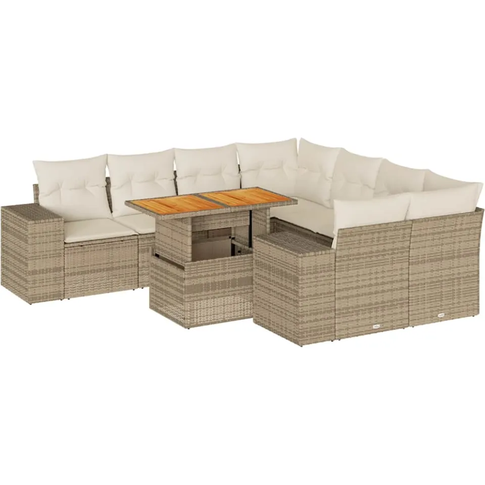 vidaXL 9-delige Loungeset met kussens poly rattan beige, foto 3