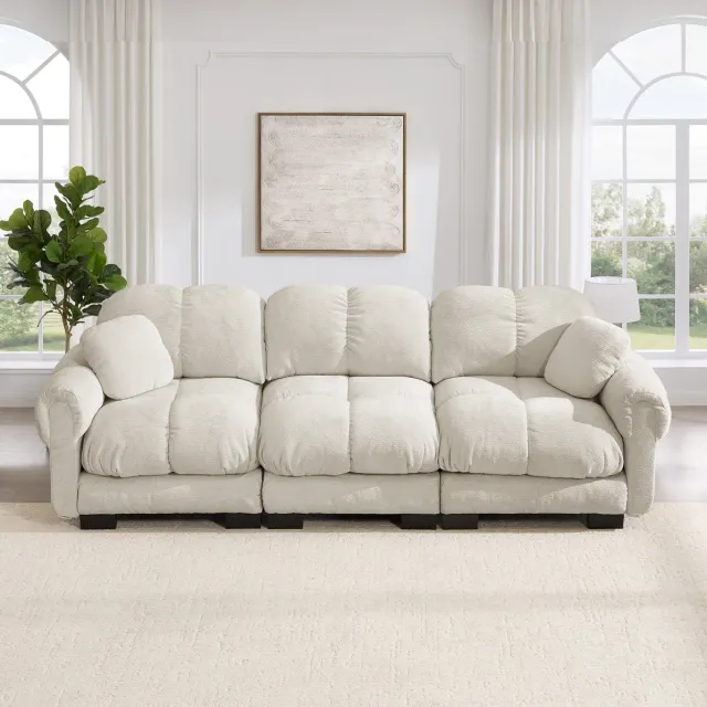 HAUSS SPOLE Zitbank - Wolkenbank - 3-Zits Met 2 Sierkussens En Gestikt Design - Voor Woonkamer En Lounge - Chenille Licht Kaki Light Khaki