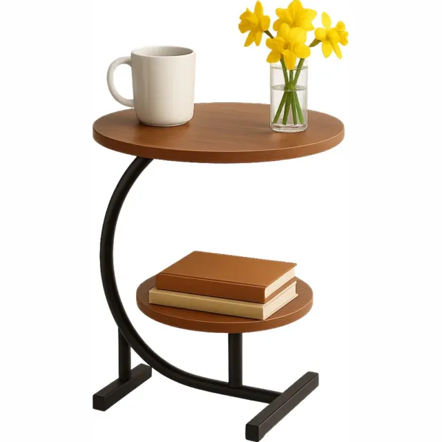 Lomera Bijzettafel Metaal - Dubbel Tafelblad - Bruine Bijzettafel - Mdf Hout - Sidetable Bruin - Metalen Frame - Compacte Bijzettafel - Ronde Tafelbladen - Hoog - Lichtgewicht Tafel - Moderne Bijzettafel nvt