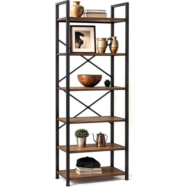 Goliving Boekenkast - 66 x 30 x 186 cm - 6 Lagen - Opbergkast - Wandkast - Boekenrek - Vitrinekast - Stellingkast - Woonkamer Kast - Industrieel - Bruin/Zwart