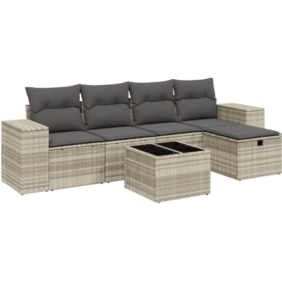 vidaXL 6-delige Loungeset met kussens poly rattan lichtgrijs