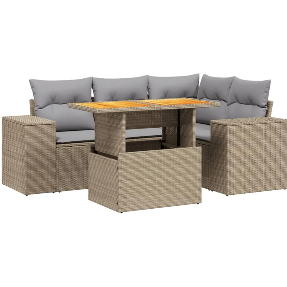 vidaXL 5-delige Loungeset met kussens poly rattan beige, foto 3
