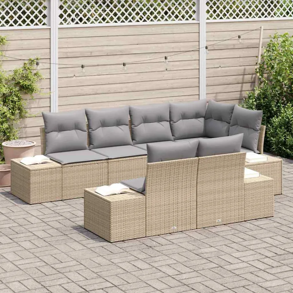 vidaXL Tuinbankenset 7 st Beige en Licht Grijs poly rattan, foto 3