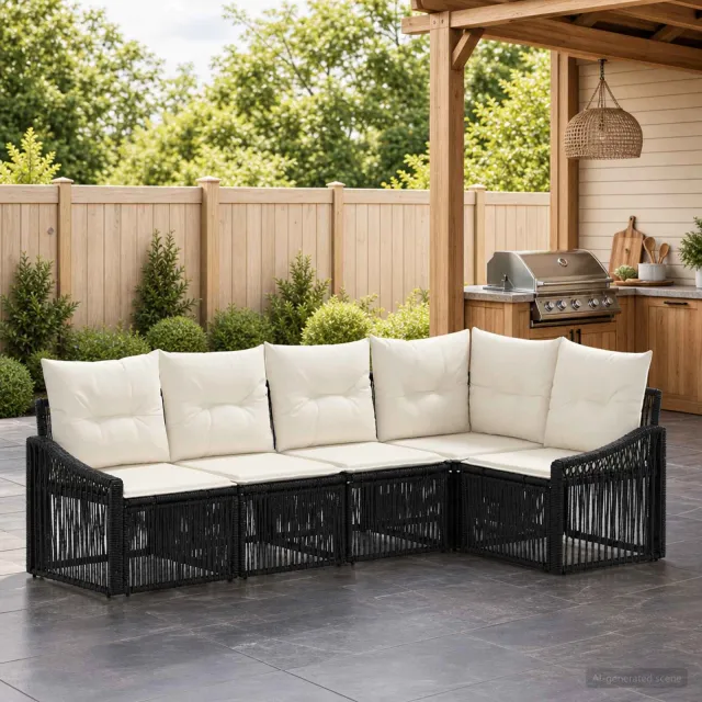 vidaXL Tuinbankenset 5 st 5-zits Zwart poly rattan, foto 2