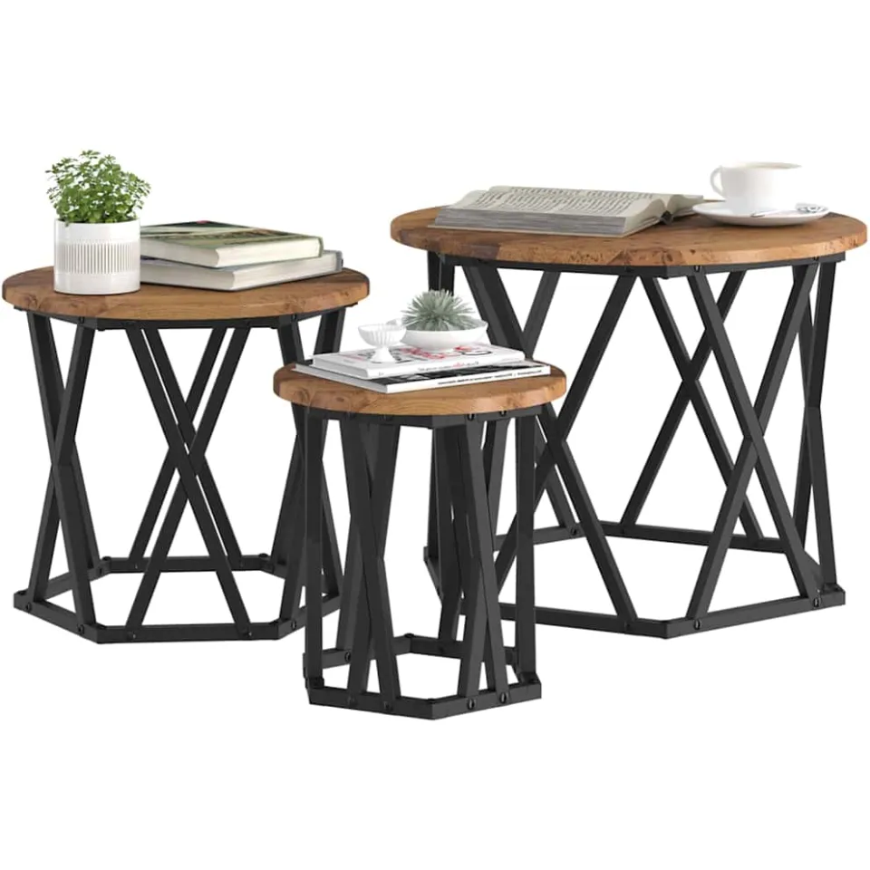 vidaXL Nestbare Bijzettafel 3 st Oud Hout 53 x 53 x 40 cm Bruin