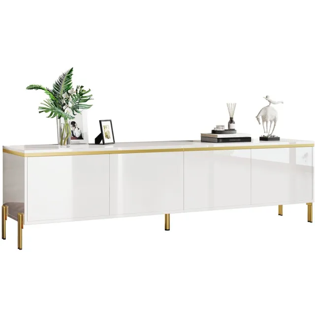 Merax Televisiekast - 170 x 38 x 50 cm - 4 Deuren - Hoogglans Wit - Goudkleurige Details - Kabeldoorvoer - Ruime Opbergruimte