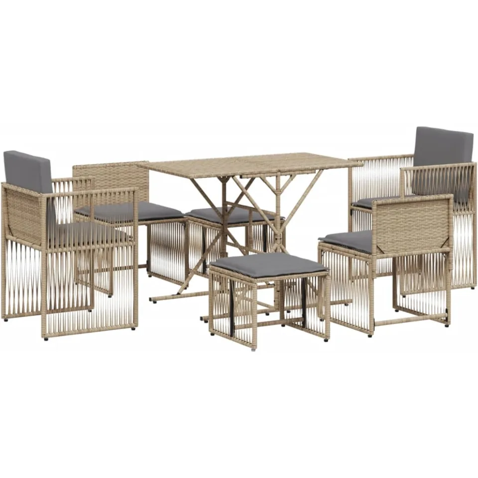 vidaXL 7-delige Tuinset met kussens poly rattan beige