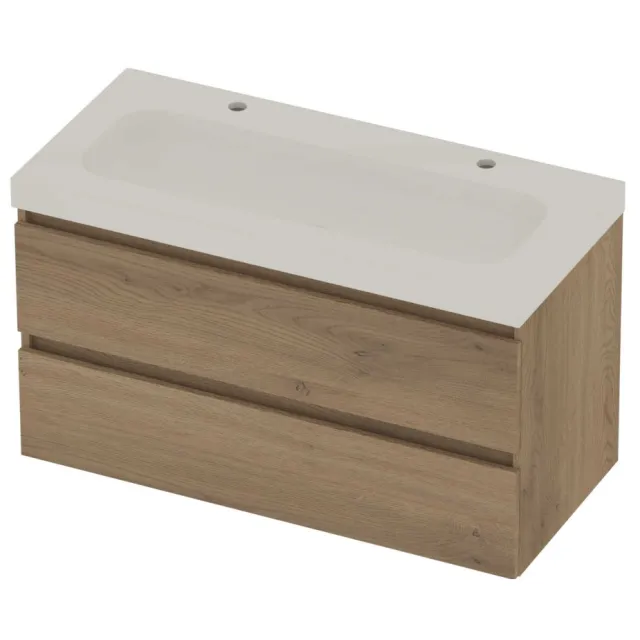 Basic-Line Moby 46 Badmeubelset Polystone 2 Kraangaten Greeploos 100x46x58 cm Pure Oak Glans Wit