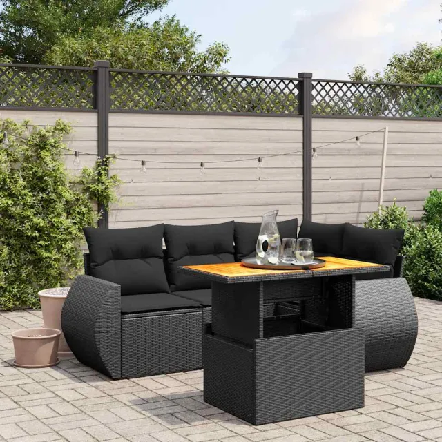 vidaXL 5-delige Loungeset met kussens poly rattan zwart, foto 2