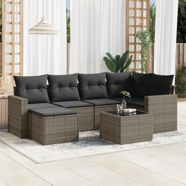 vidaXL 7-delige Loungeset met kussens poly rattan grijs, foto 2