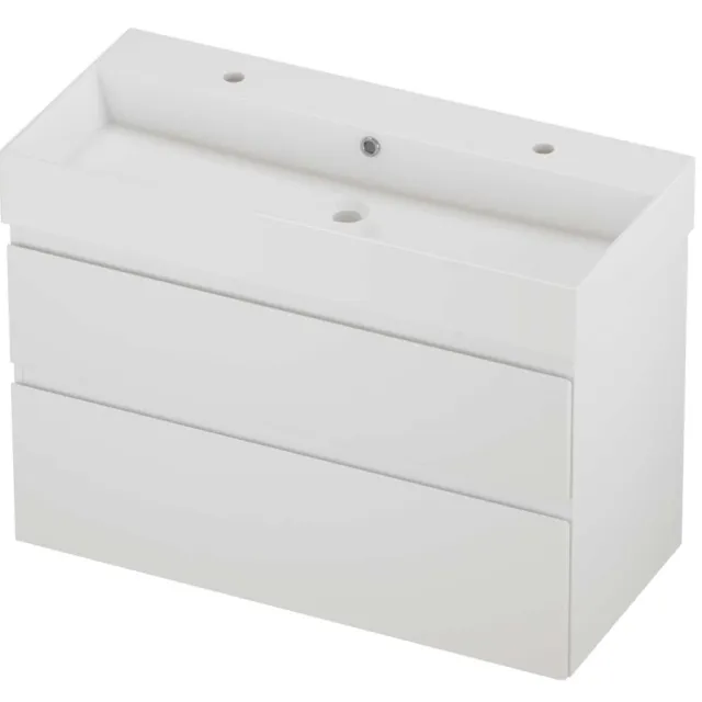 Proline Zara Badmeubelset Porselein Loft 2 Kraangaten Asymmetrisch 100x46x73 cm Glans Wit Mat Wit