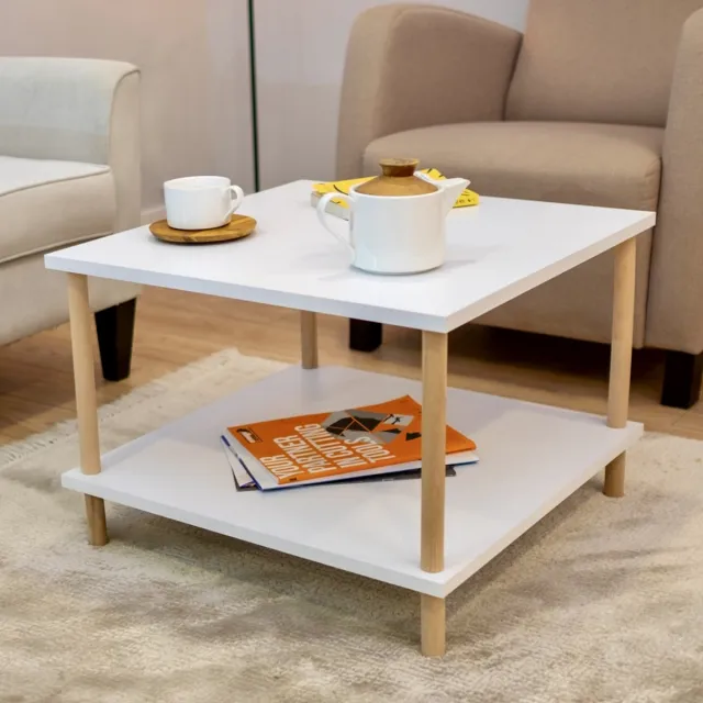 City of Wood Vierkante salontafel met houten poten en twee planken, decoratief tijdschriftenrek, krantenhouder - wit