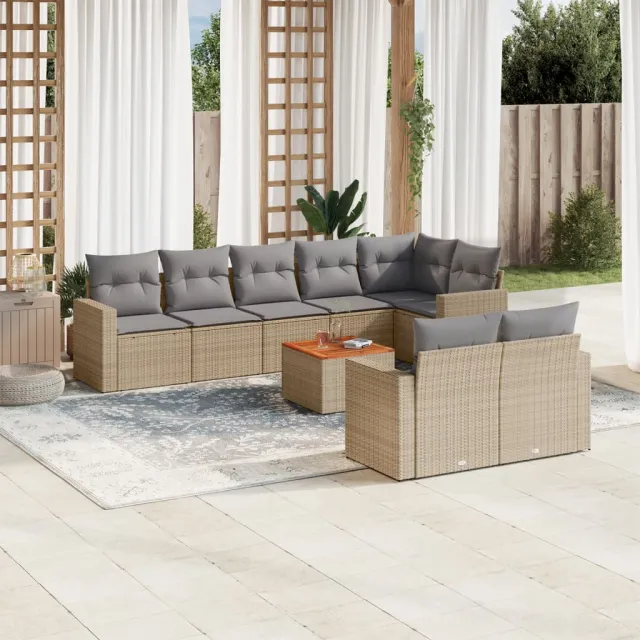 vidaXL 9-delige Loungeset met kussens poly rattan beige, foto 2