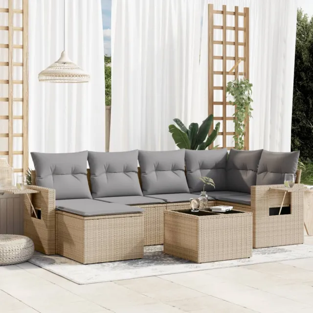vidaXL 7-delige Loungeset met kussens poly rattan beige, foto 2
